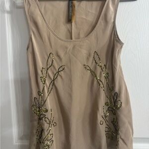 Aratta Beige Tank Top with Green Embellishments